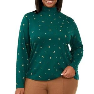 Karen Scott Plus 1X Green Gold Christmas Tree Mock Neck Long Sleeve Top NWT